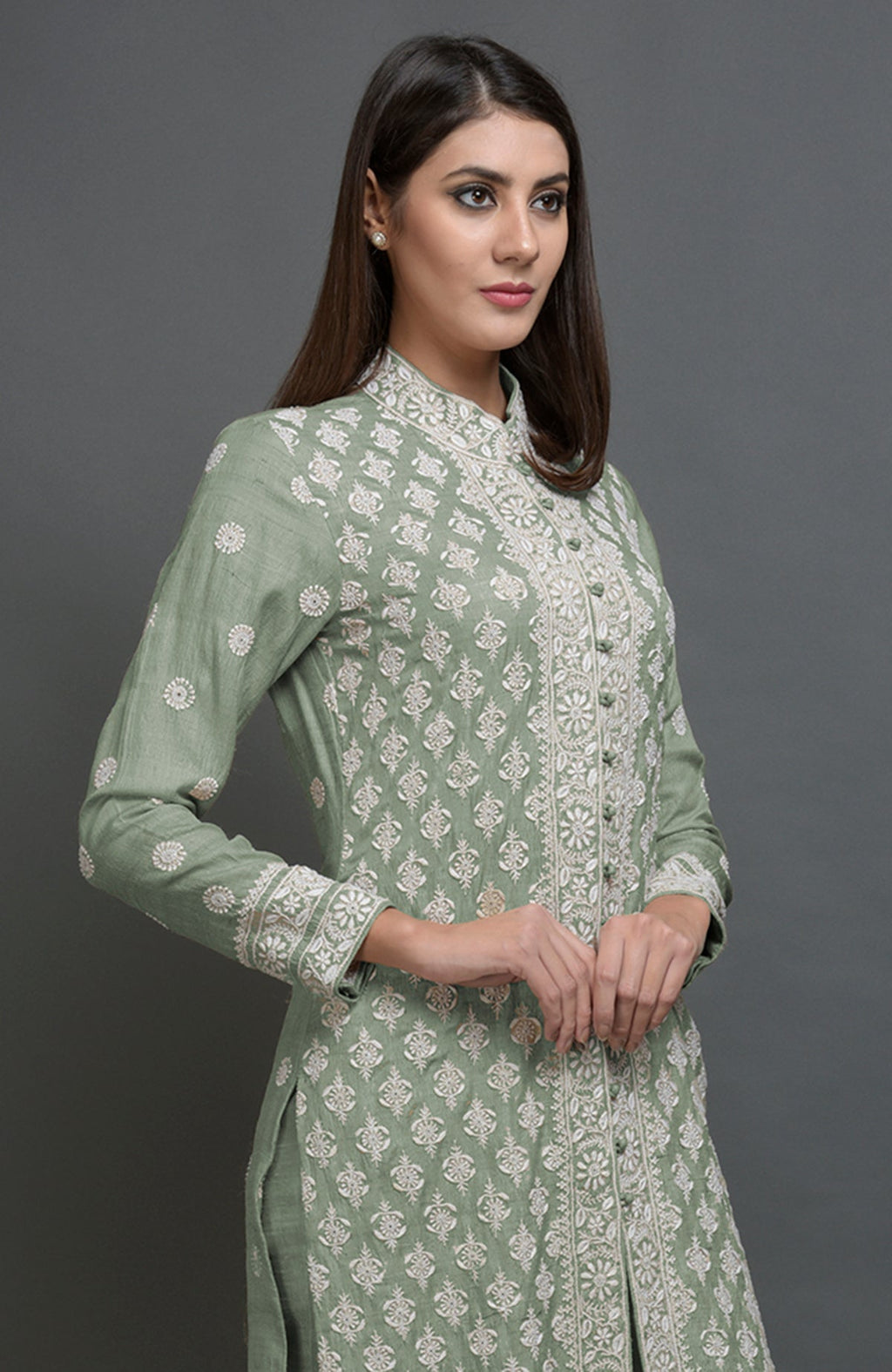 Desert Sage tussar silk jacket suit with ivory chikankari embroidery and band collar neckline
