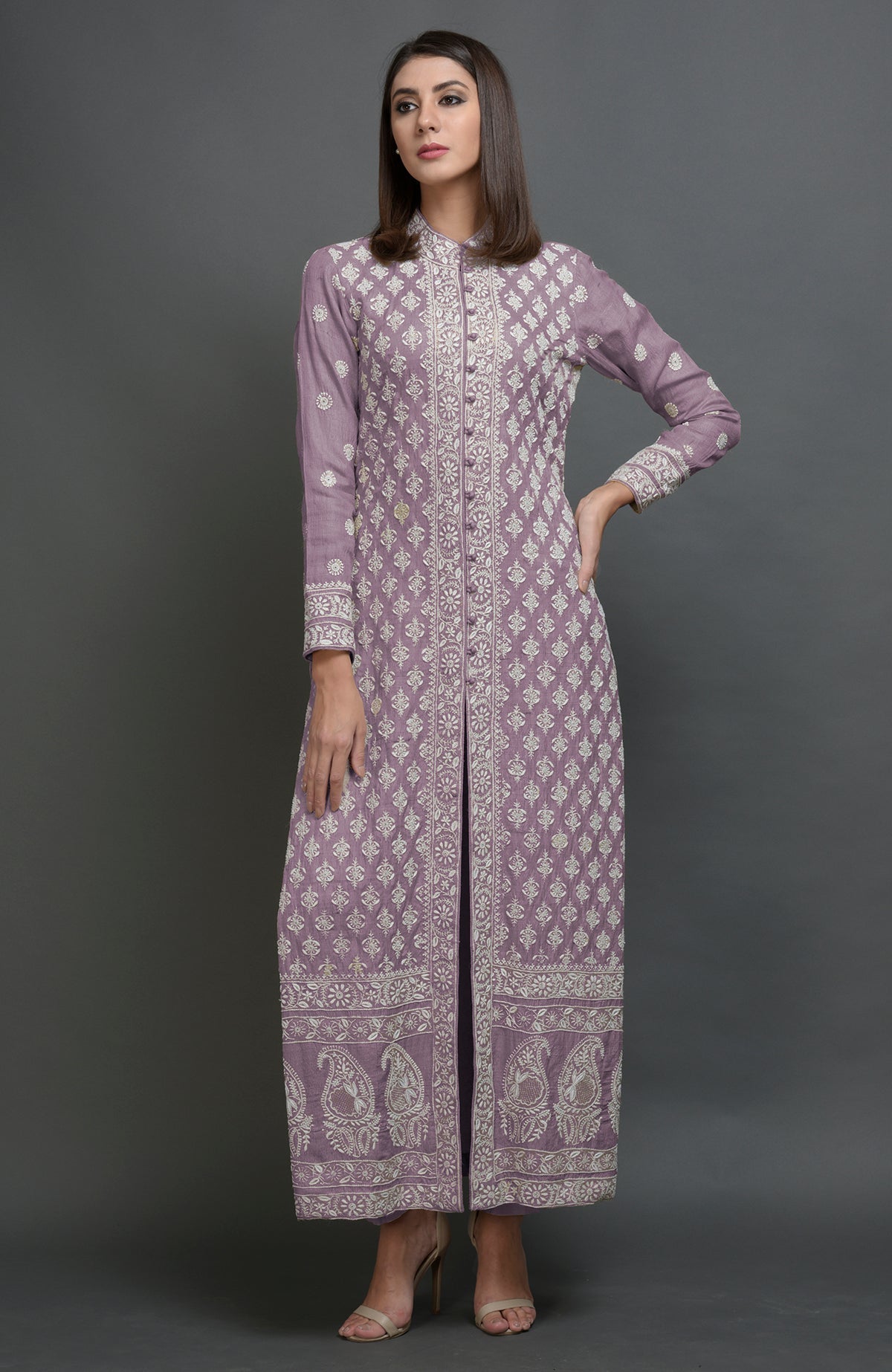 Desert sage tussar silk jacket suit with ivory chikankari embroidery and band collar neckline