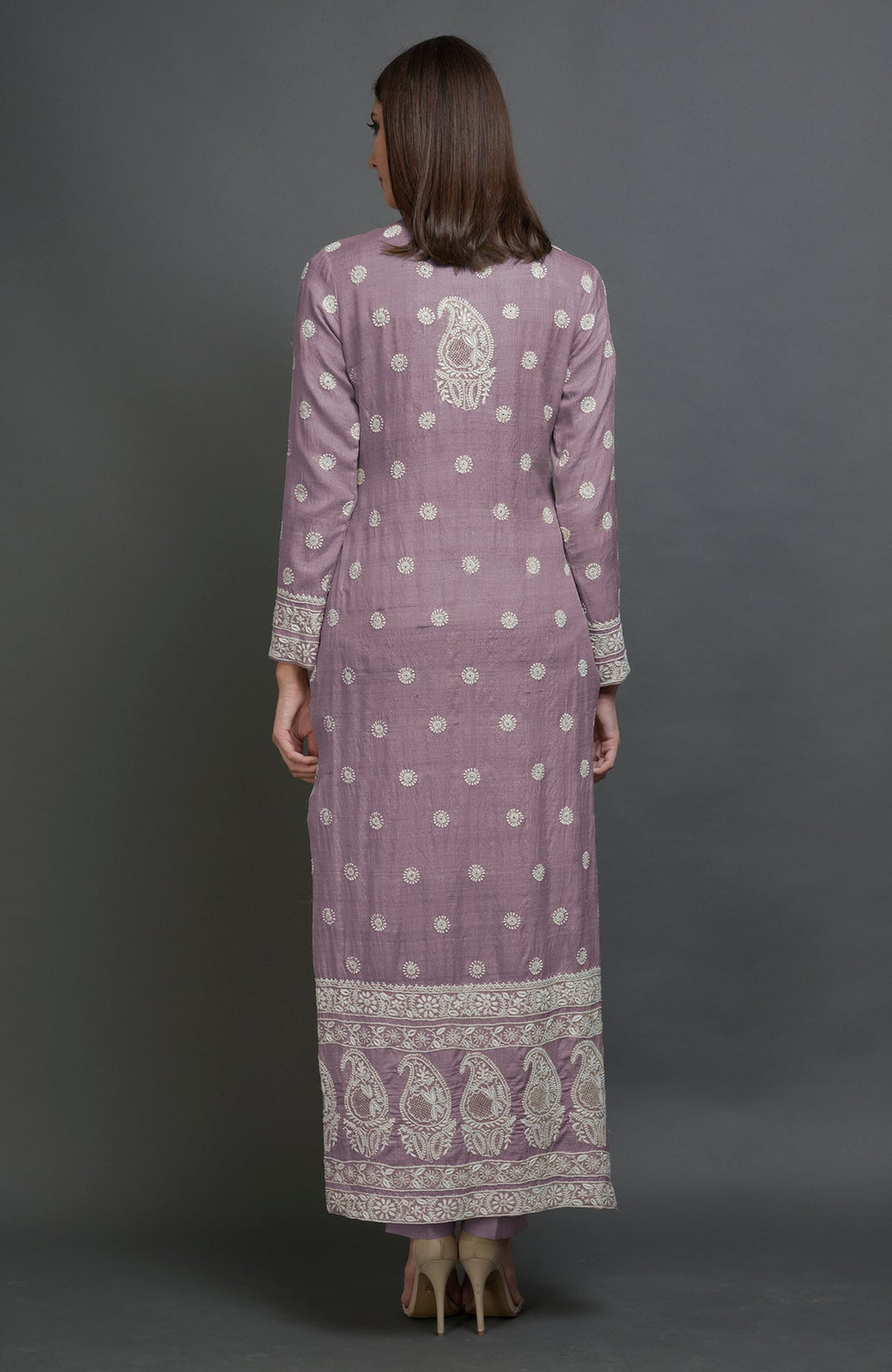 Elderberry tussar silk jacket suit with ivory Chikankari embroidery and band collar neckline.