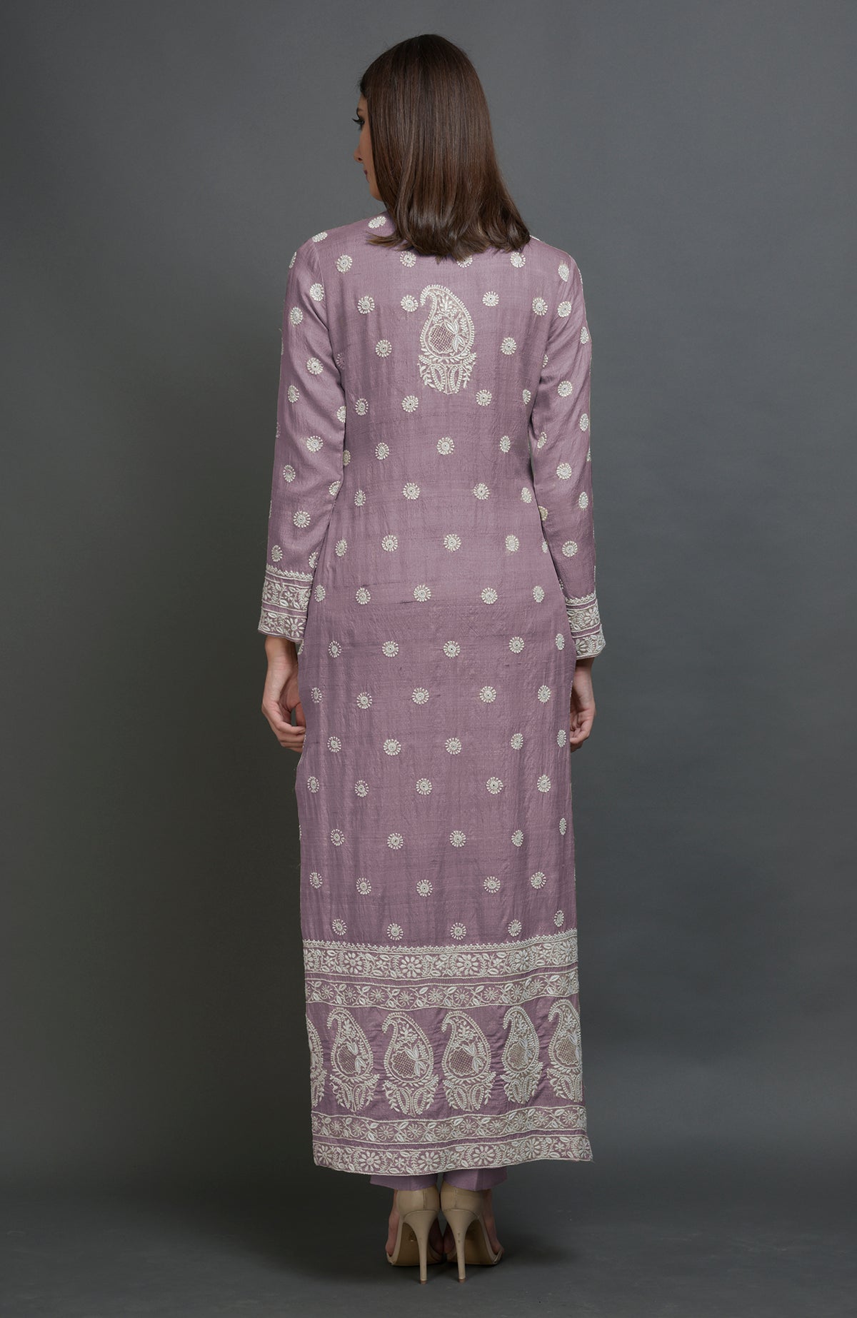 Elderberry tussar silk jacket suit with ivory Chikankari embroidery and band collar neckline.