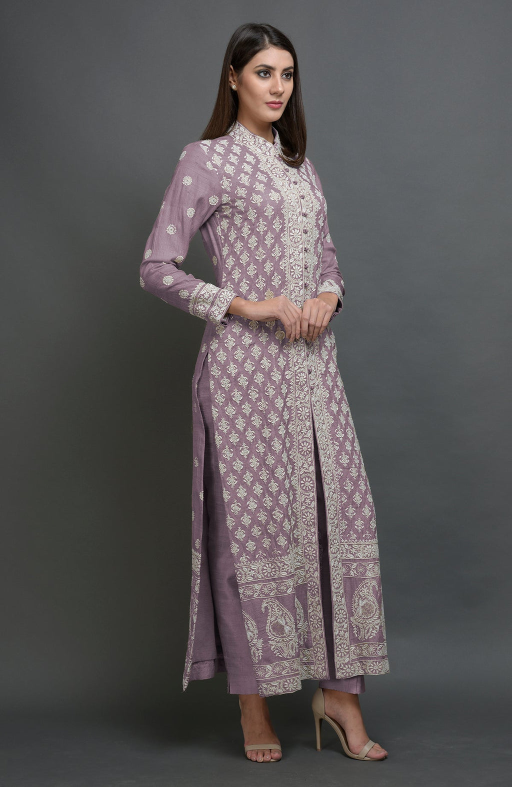 Elderberry tussar silk jacket suit with ivory Chikankari embroidery and band collar neckline
