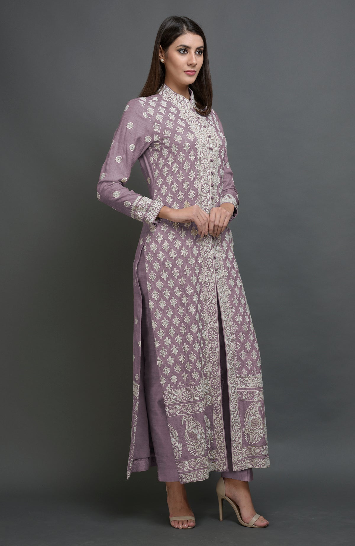 Elderberry tussar silk jacket suit with ivory Chikankari embroidery and band collar neckline