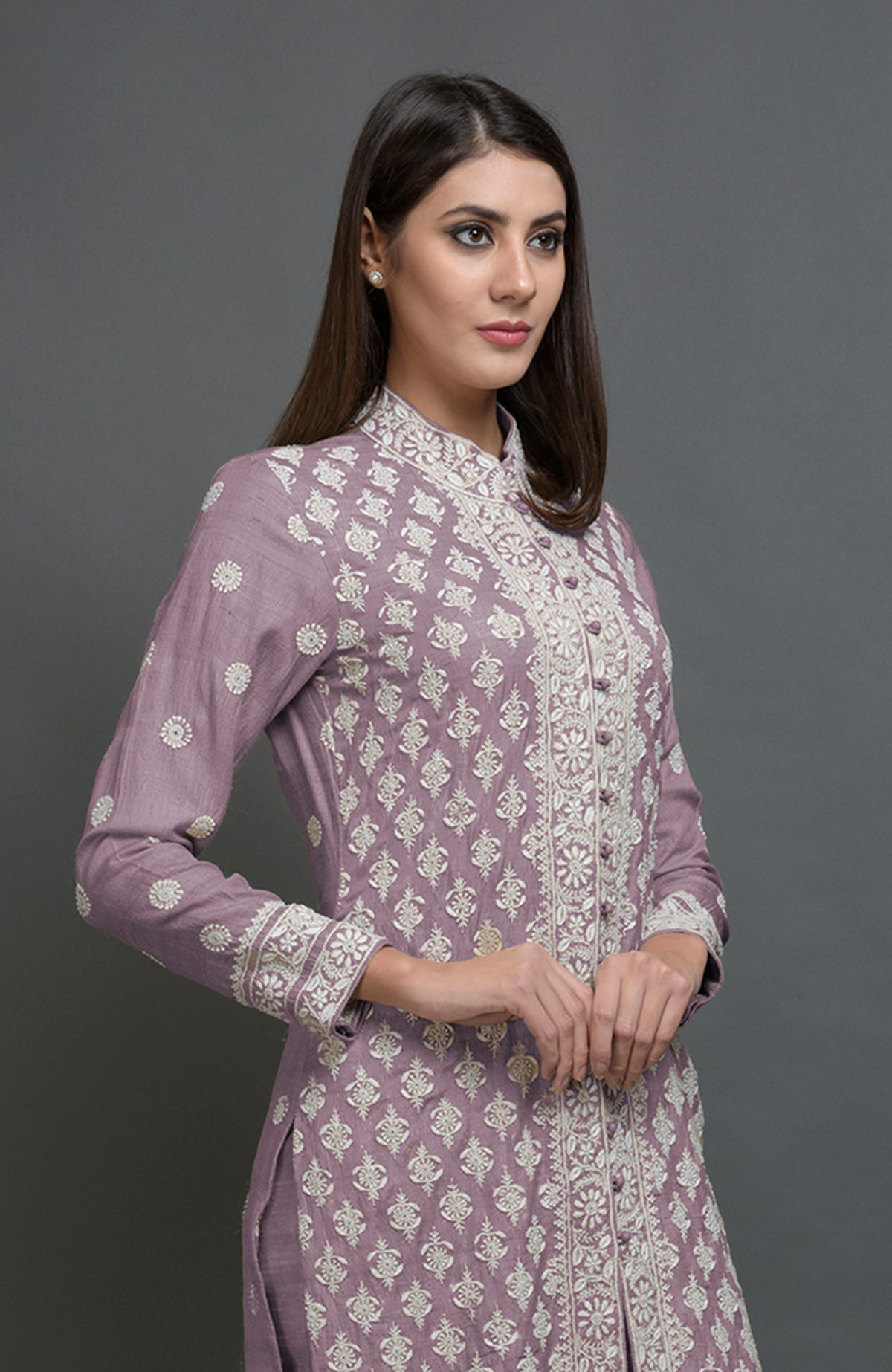Elderberry tussar silk jacket suit with ivory Chikankari embroidery and band collar neckline.