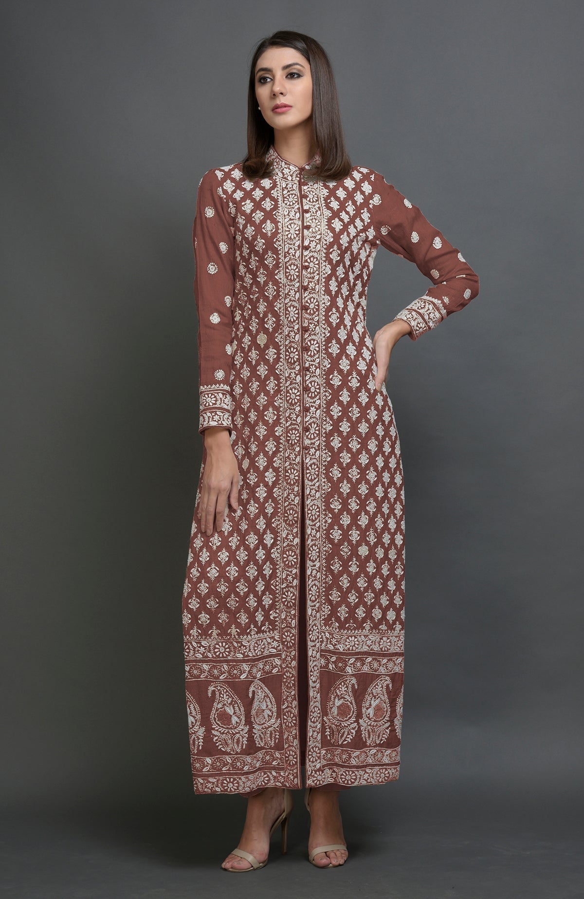 Elderberry tussar silk jacket suit with ivory Chikankari embroidery and band collar neckline