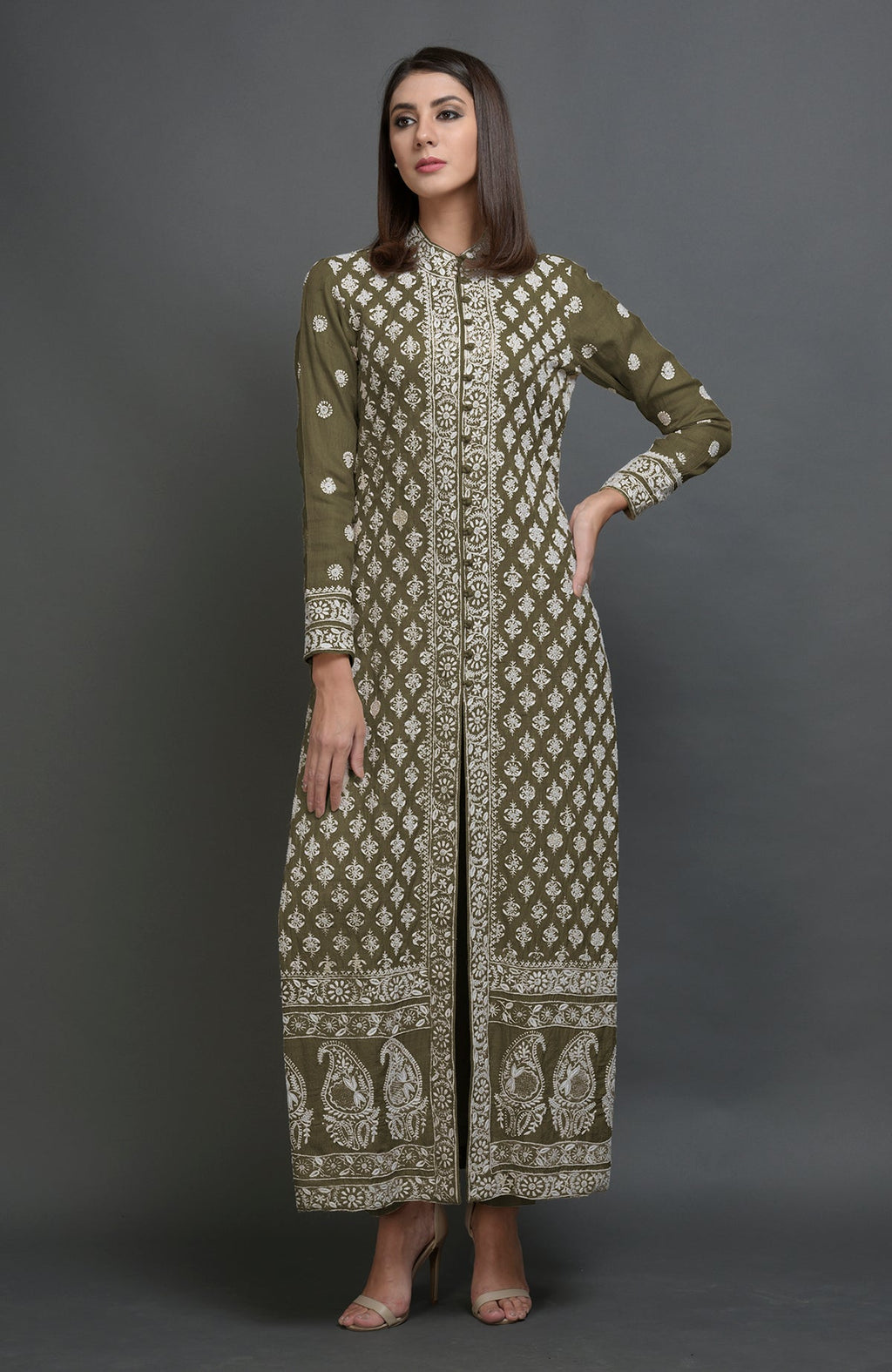 Martini olive jacket suit with ivory chikankari embroidery and band collar neckline.