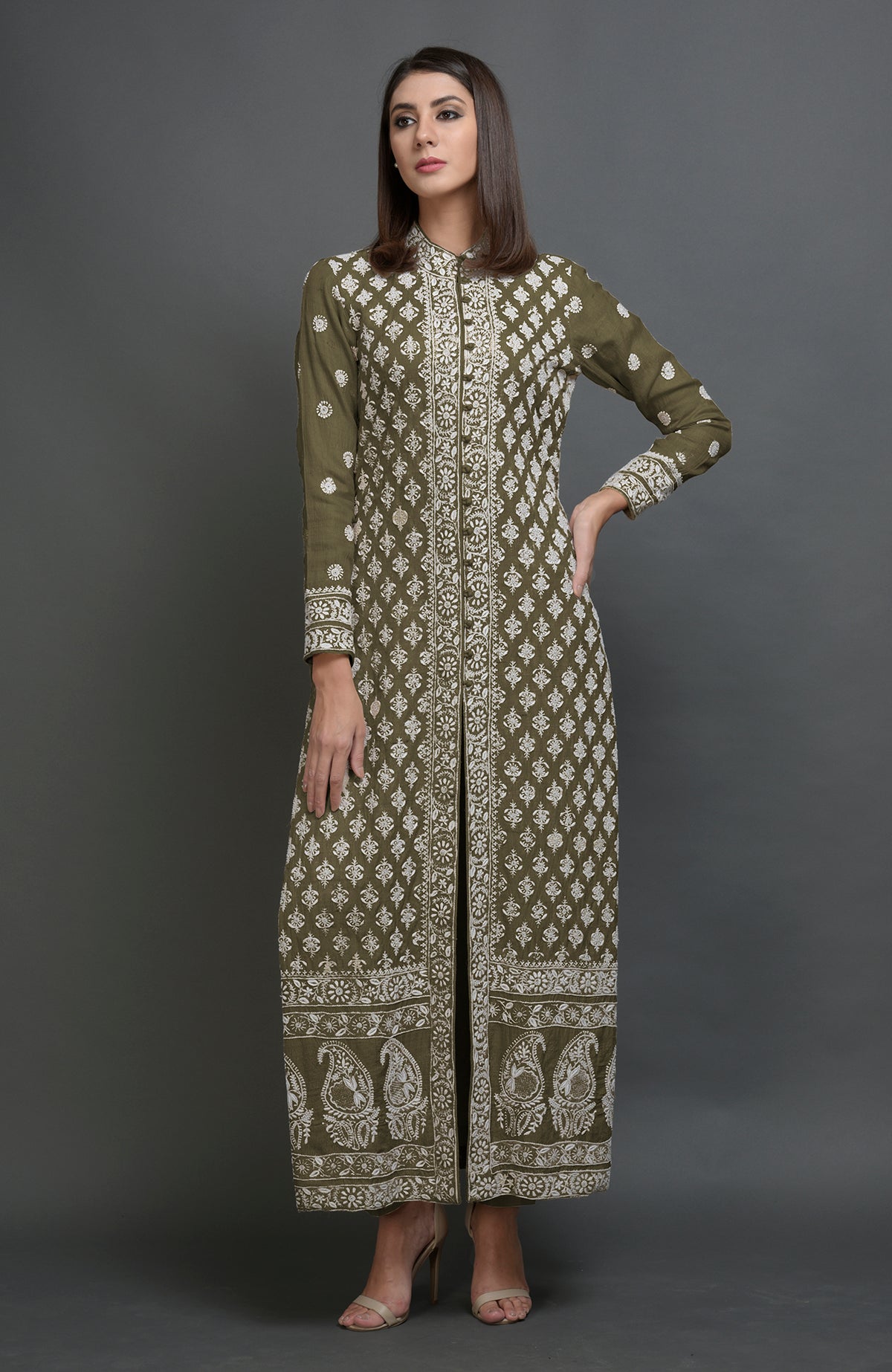 Rose tan Chikankari embroidered pure tussar silk jacket with band collar and front hook closures.