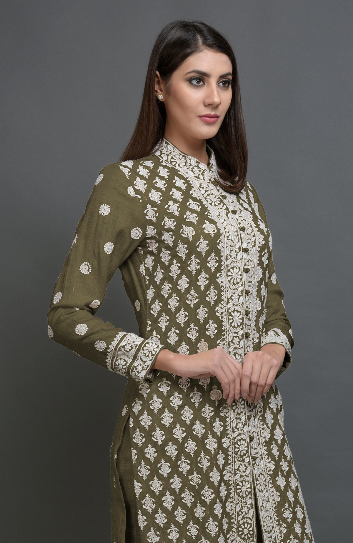 Martini olive tussar silk jacket suit with ivory chikankari embroidery and band collar neckline