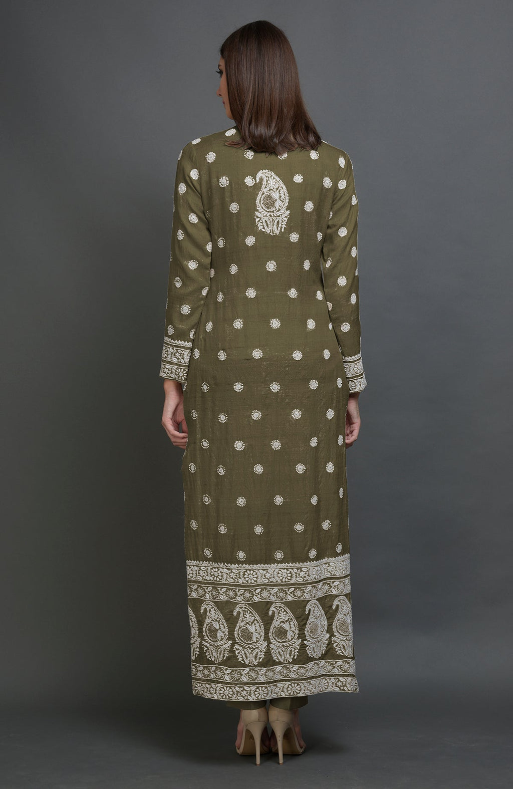 Martini olive jacket suit with ivory chikankari embroidery and band collar neckline.