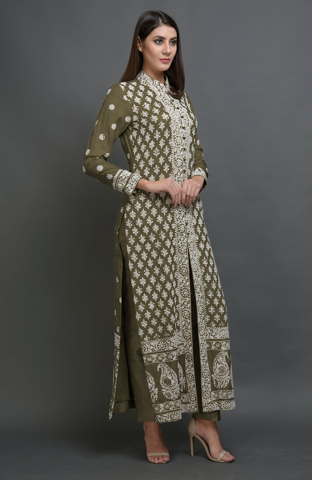 Martini olive tussar silk jacket with ivory chikankari embroidery and band collar neckline