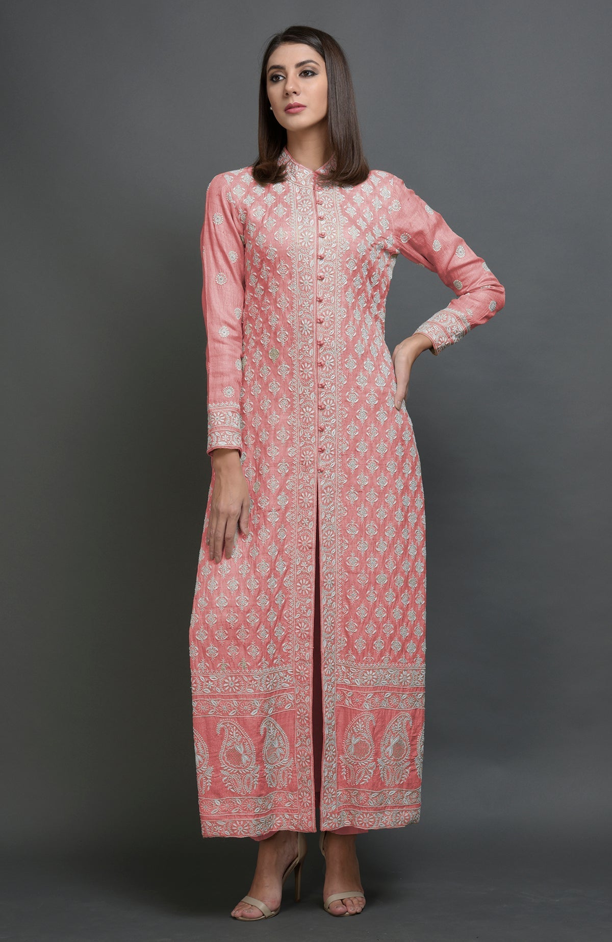Martini olive jacket suit with ivory chikankari embroidery and band collar neckline.