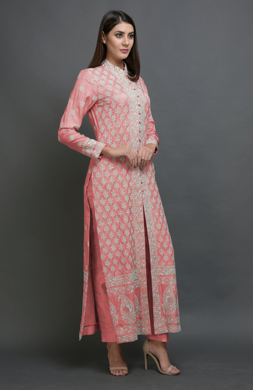 Rose tan Chikankari embroidered tussar silk jacket suit with band collar and hook closures.
