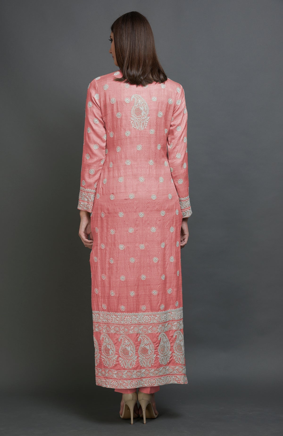 Rose tan Chikankari embroidered pure tussar silk jacket with band collar and hook closures.