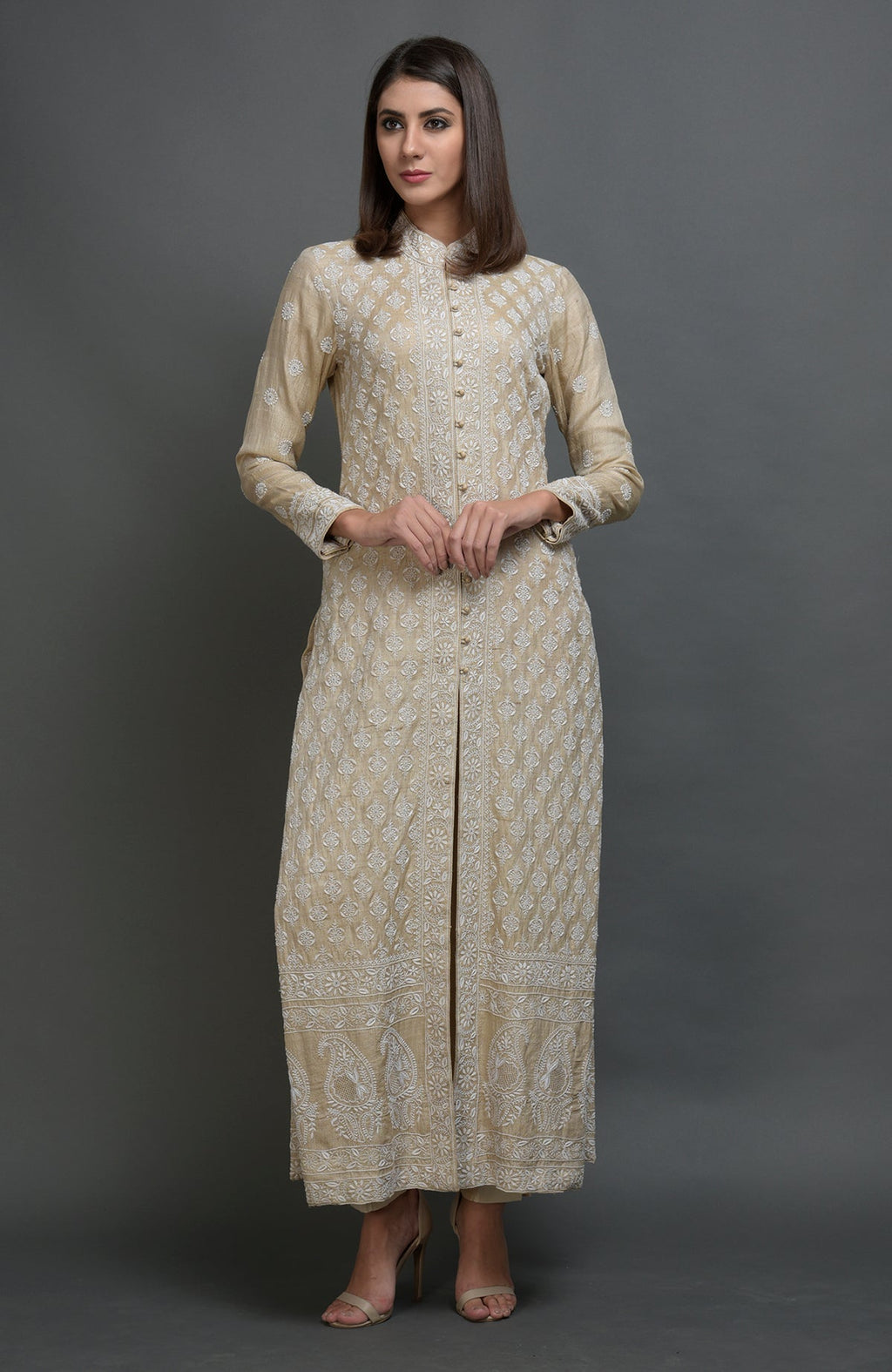 Champagne beige chikankari embroidered jacket suit with band collar and front hook closures