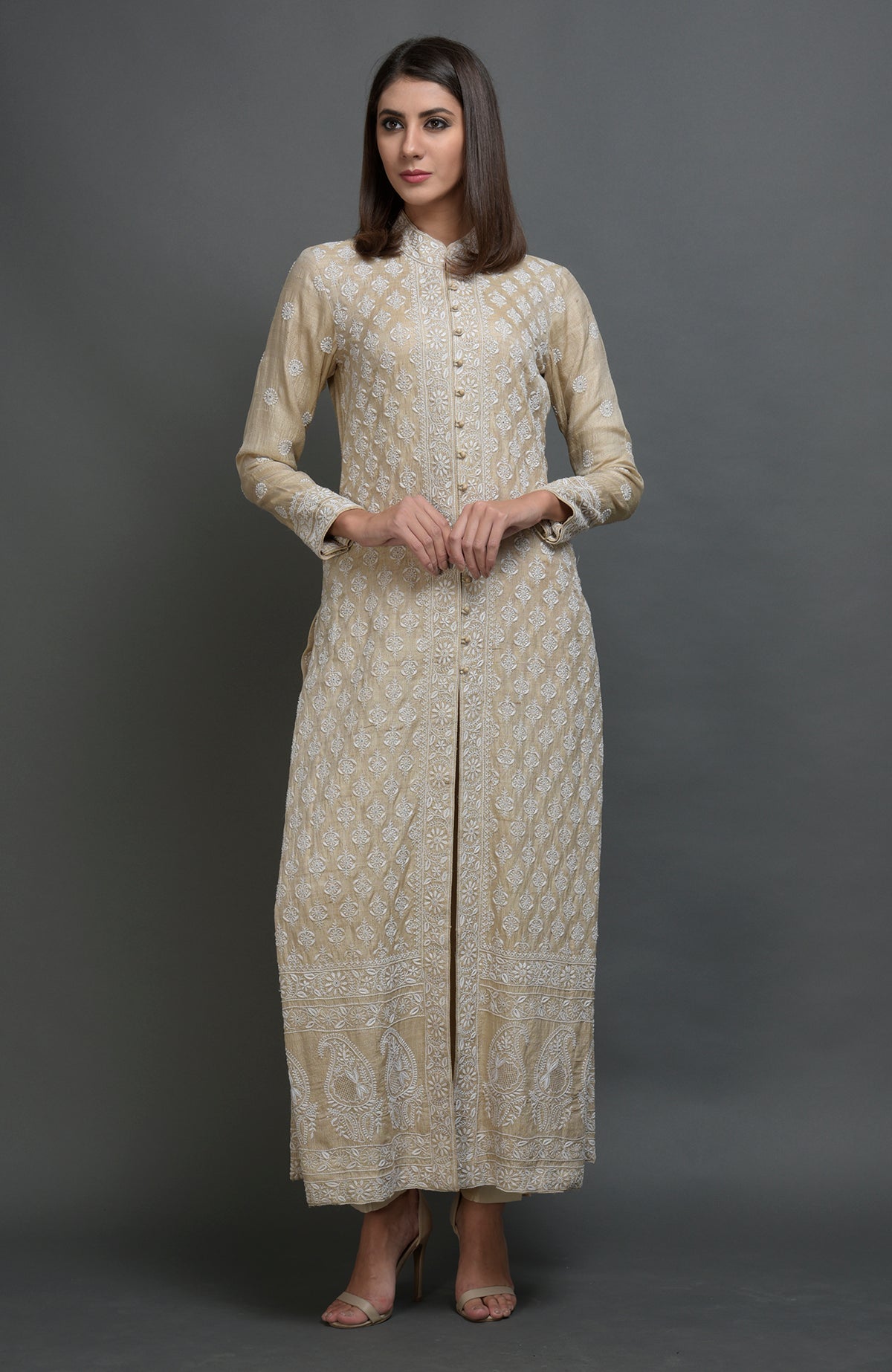 Martini olive tussar silk jacket suit with ivory chikankari embroidery and band collar neckline