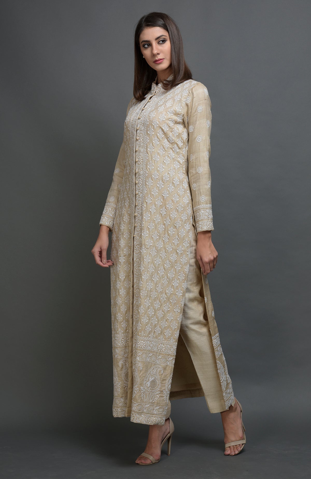 Champagne beige chikankari embroidered silk jacket with band collar and front hook closures