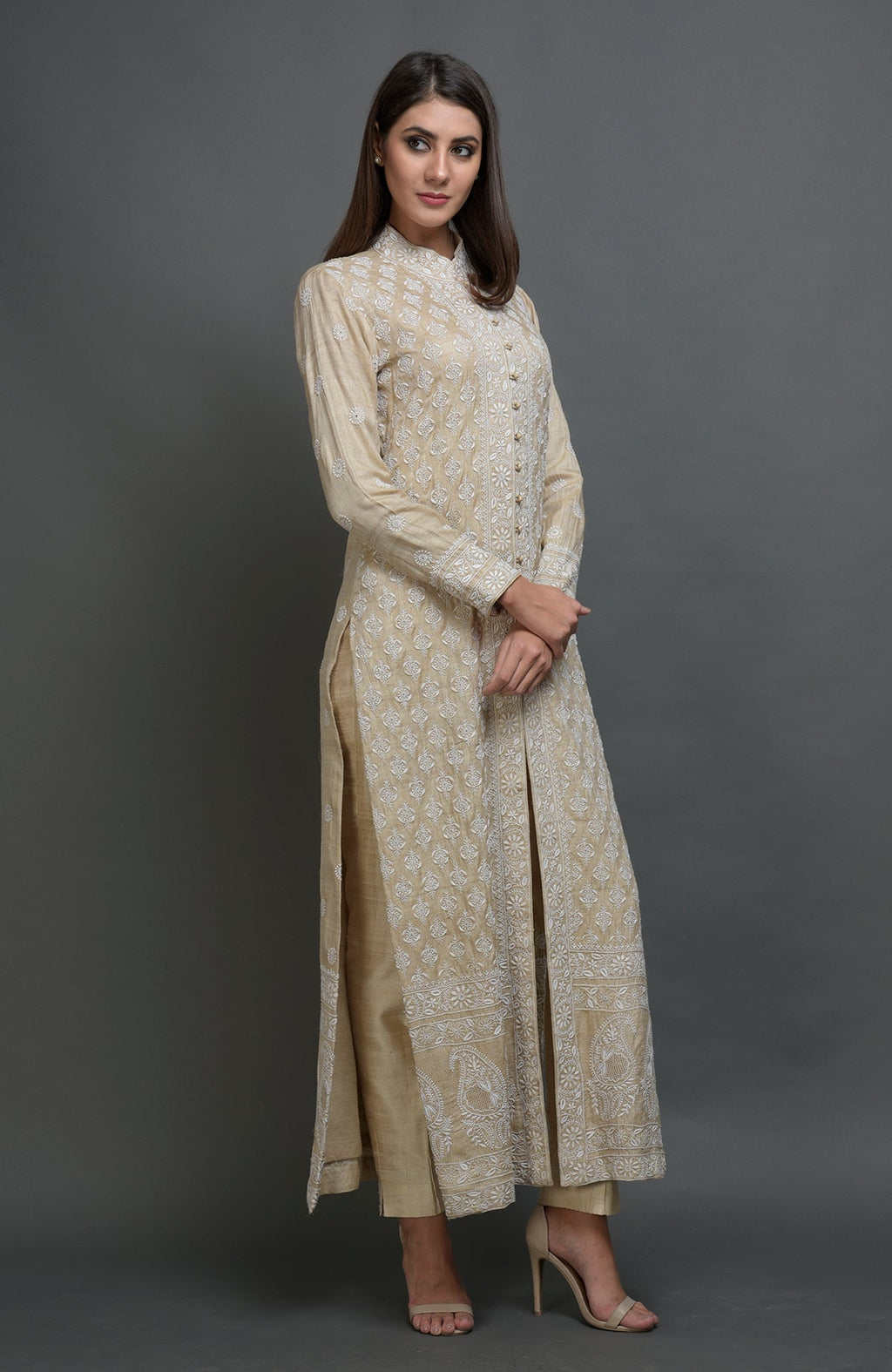 Champagne beige chikankari embroidered jacket suit with band collar and front hook closures