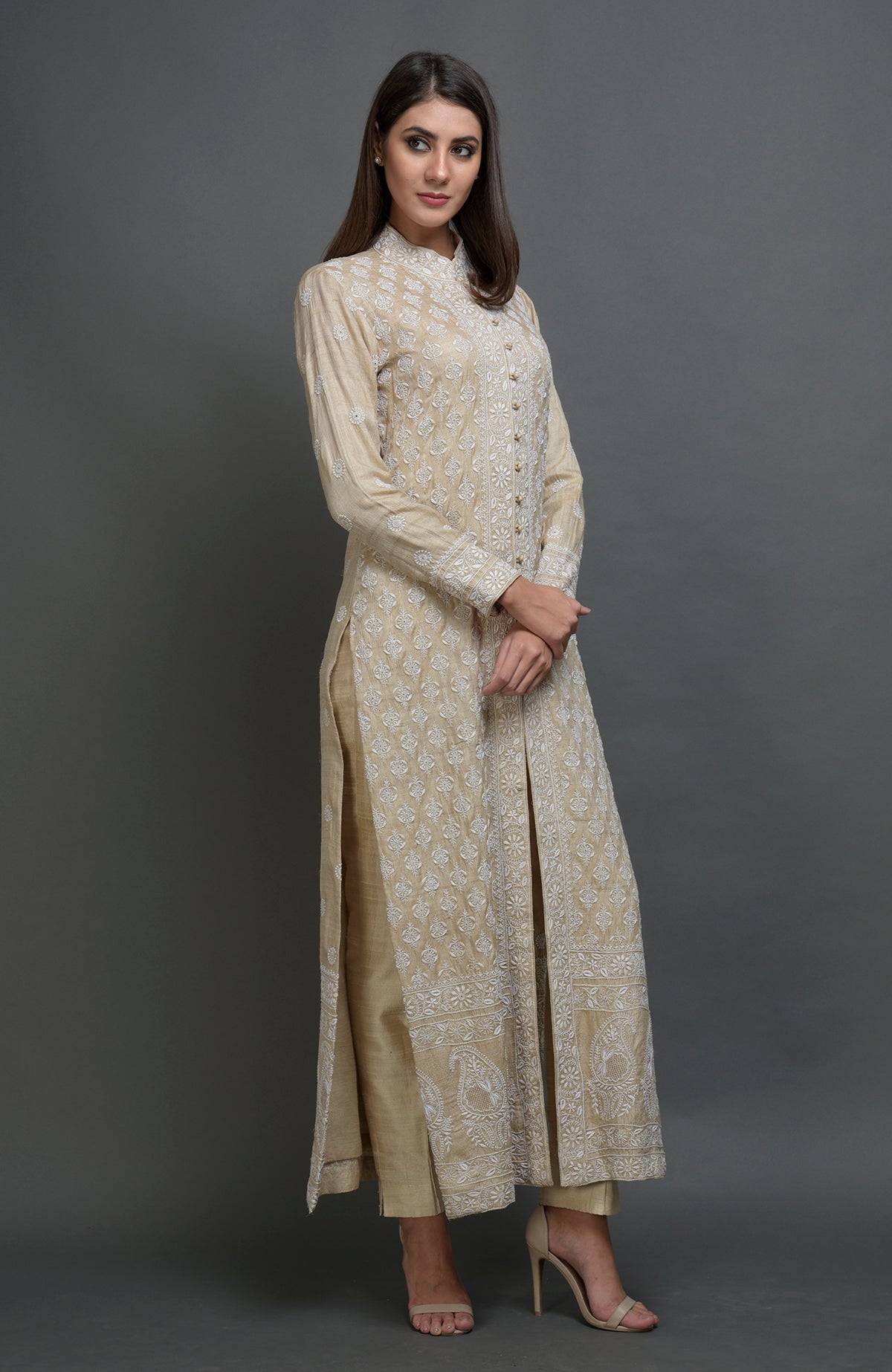 Champagne beige chikankari embroidered jacket suit with band collar and front hook closures