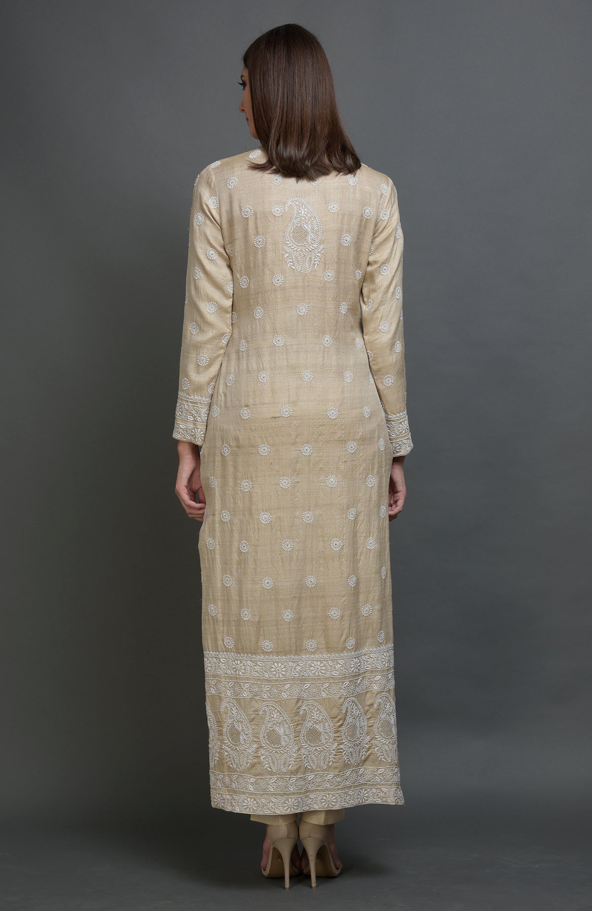 Champagne beige chikankari embroidered jacket with band collar and front hook closures