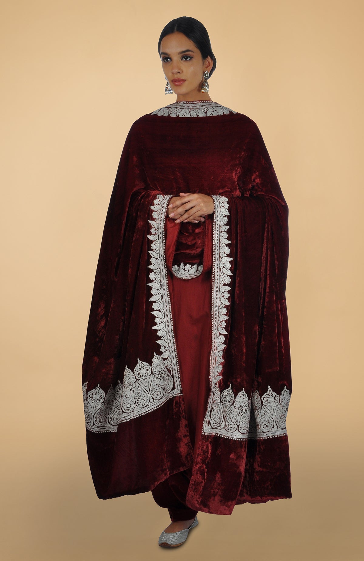 Burgundy dupatta with intricate Kashmiri silver tilla aari embroidery on the border.
