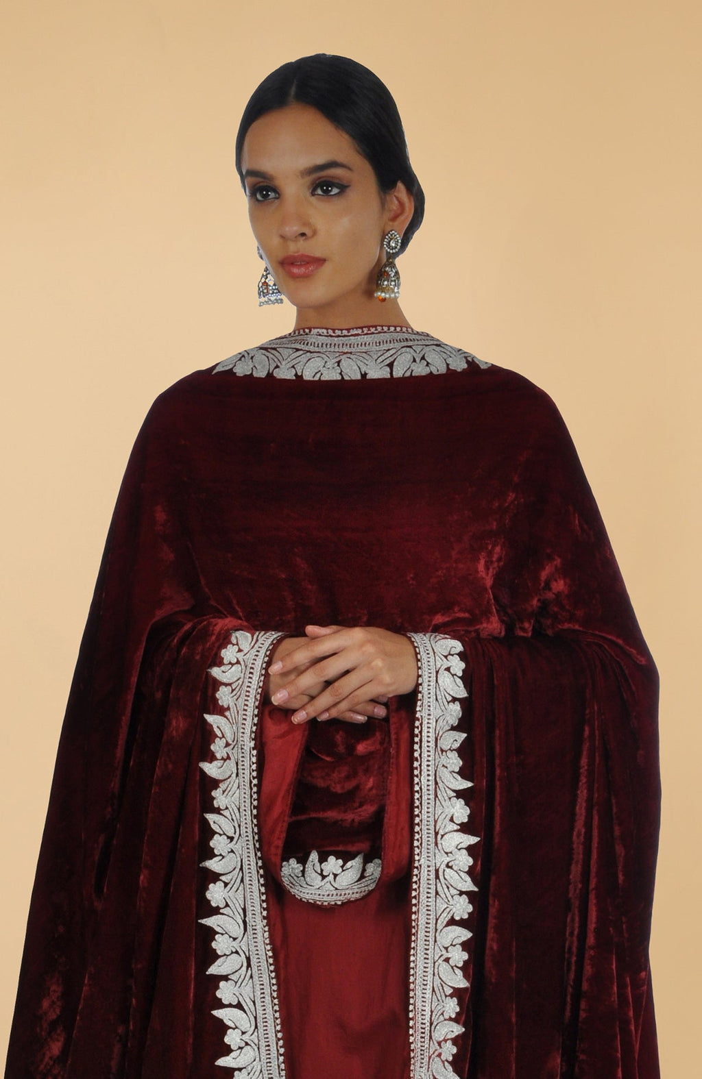Burgundy dupatta with intricate Kashmiri silver tilla aari embroidery on the border.
