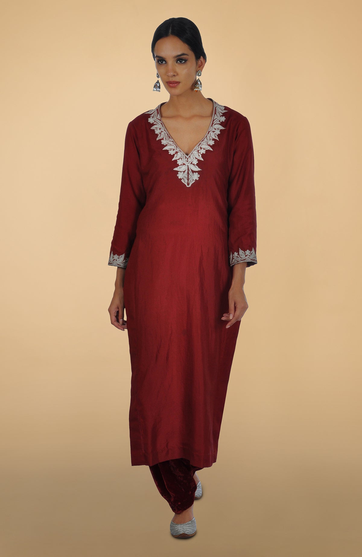 Burgundy silk kurta set with silver Kashmiri Tilla Aari embroidery on lehenga, shirt, and dupatta