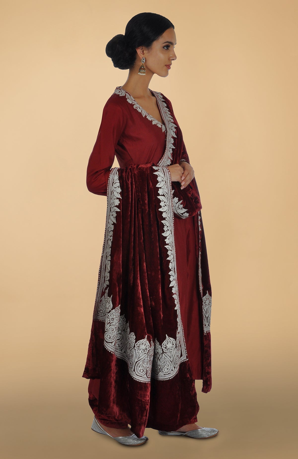 Burgundy silk kurta set with silver Kashmiri Tilla aari embroidery on lehenga, shirt, and dupatta
