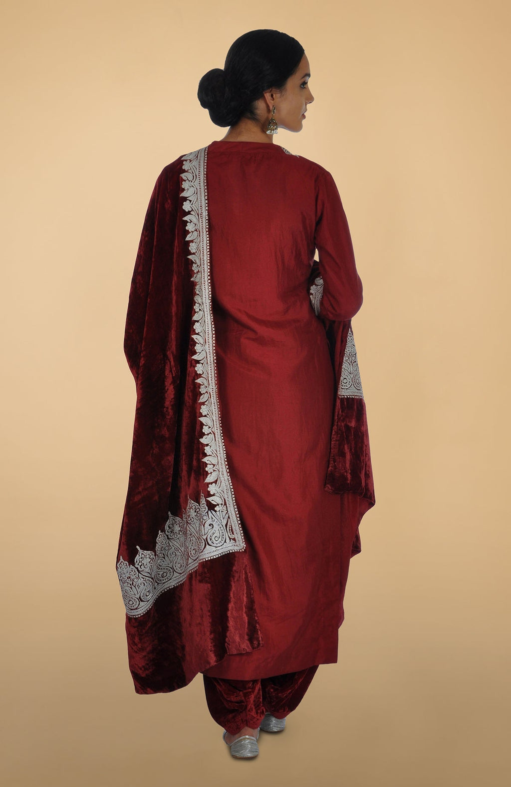 Burgundy silk kurta set with silver Kashmiri Tilla Aari embroidery on lehenga, shirt, and dupatta