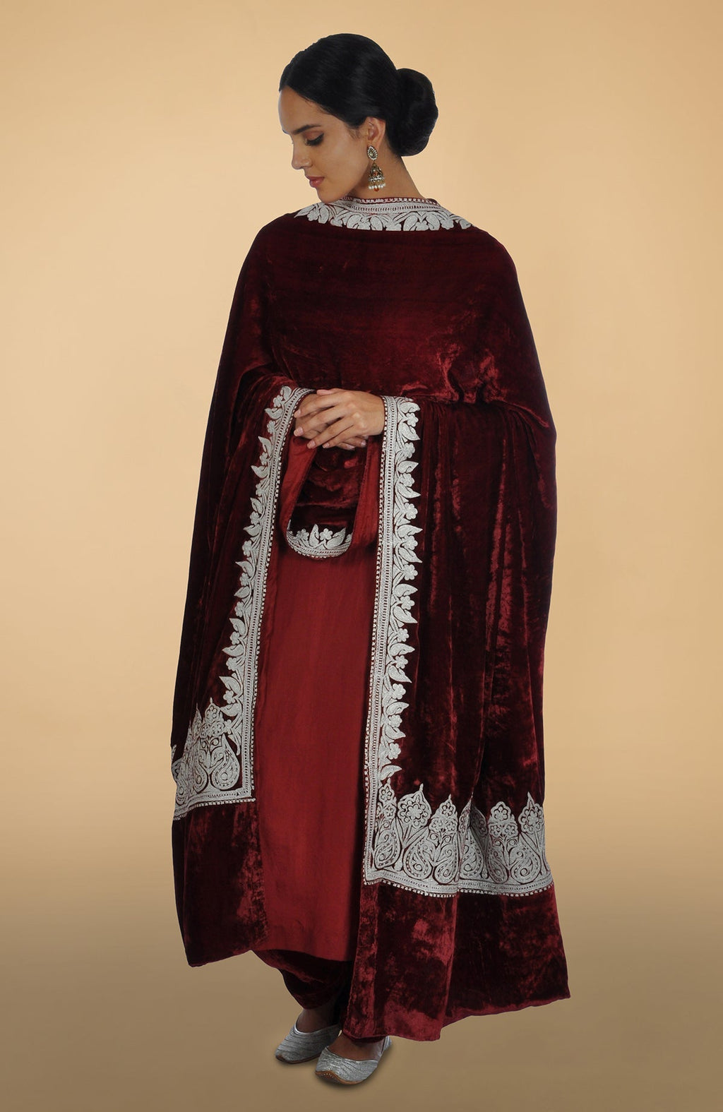 Burgundy silk kurta set with silver Kashmiri Tilla aari embroidery on lehenga, shirt, and dupatta