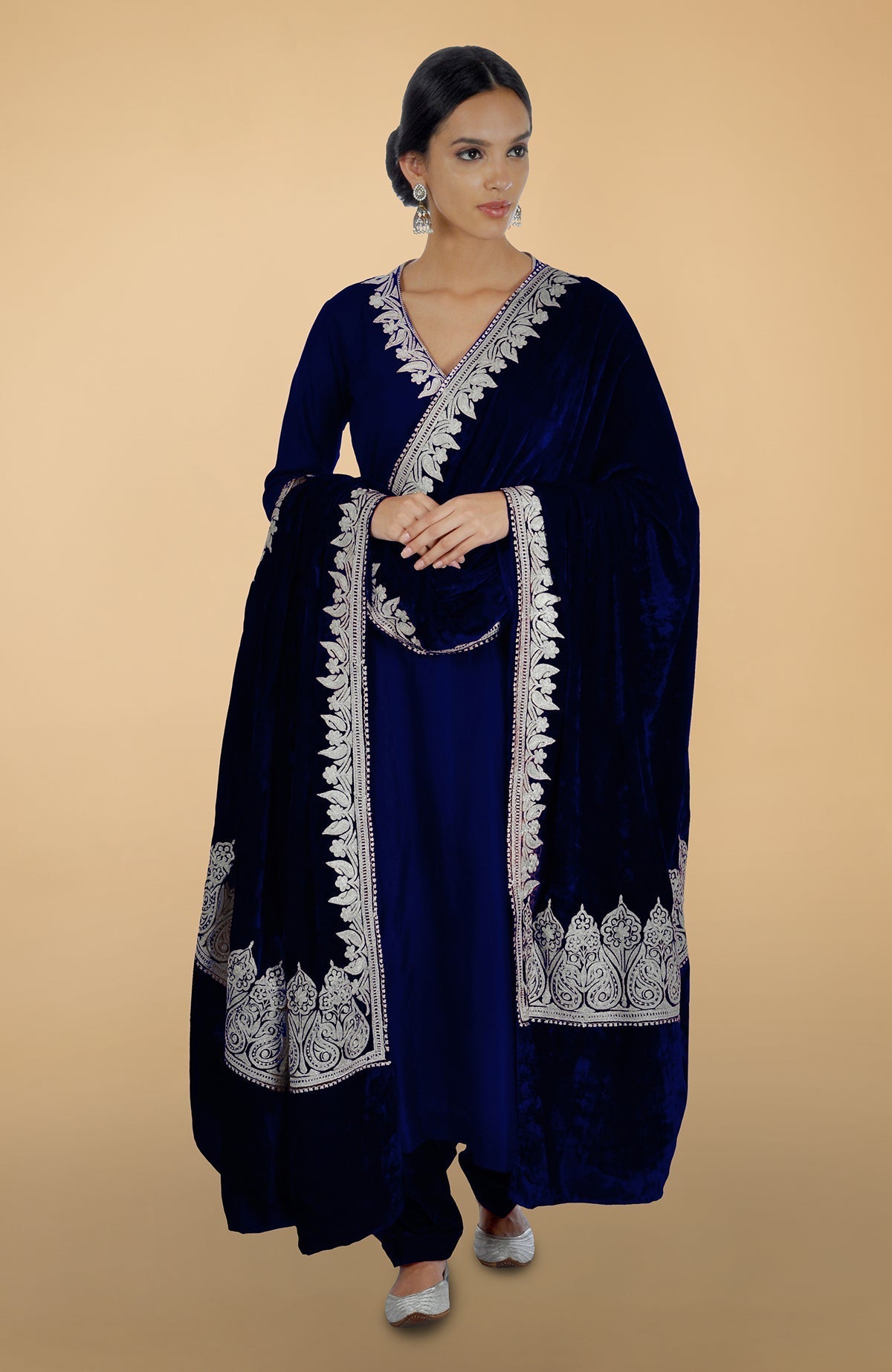 Burgundy silk kurta set with silver Kashmiri Tilla aari embroidery on lehenga, shirt, and dupatta