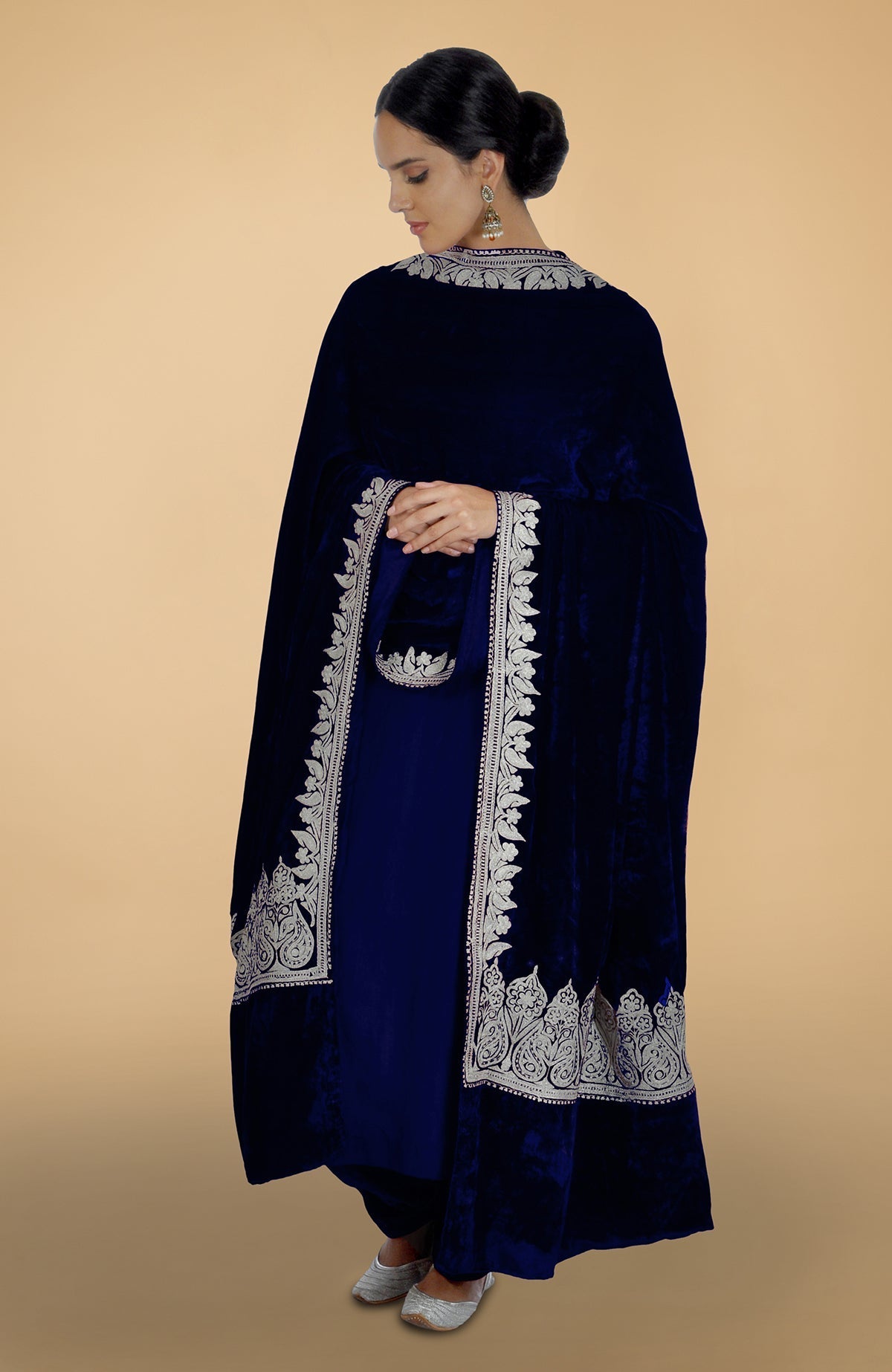 Electric blue silk kurta set with silver Kashmiri Tilla aari embroidery on shirt and dupatta