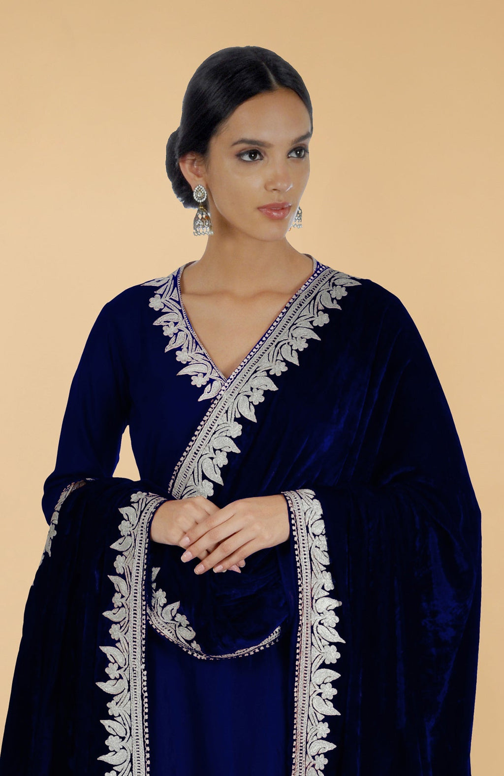 Electric blue silk kurta set with silver Kashmiri Tilla aari embroidery on shirt and dupatta