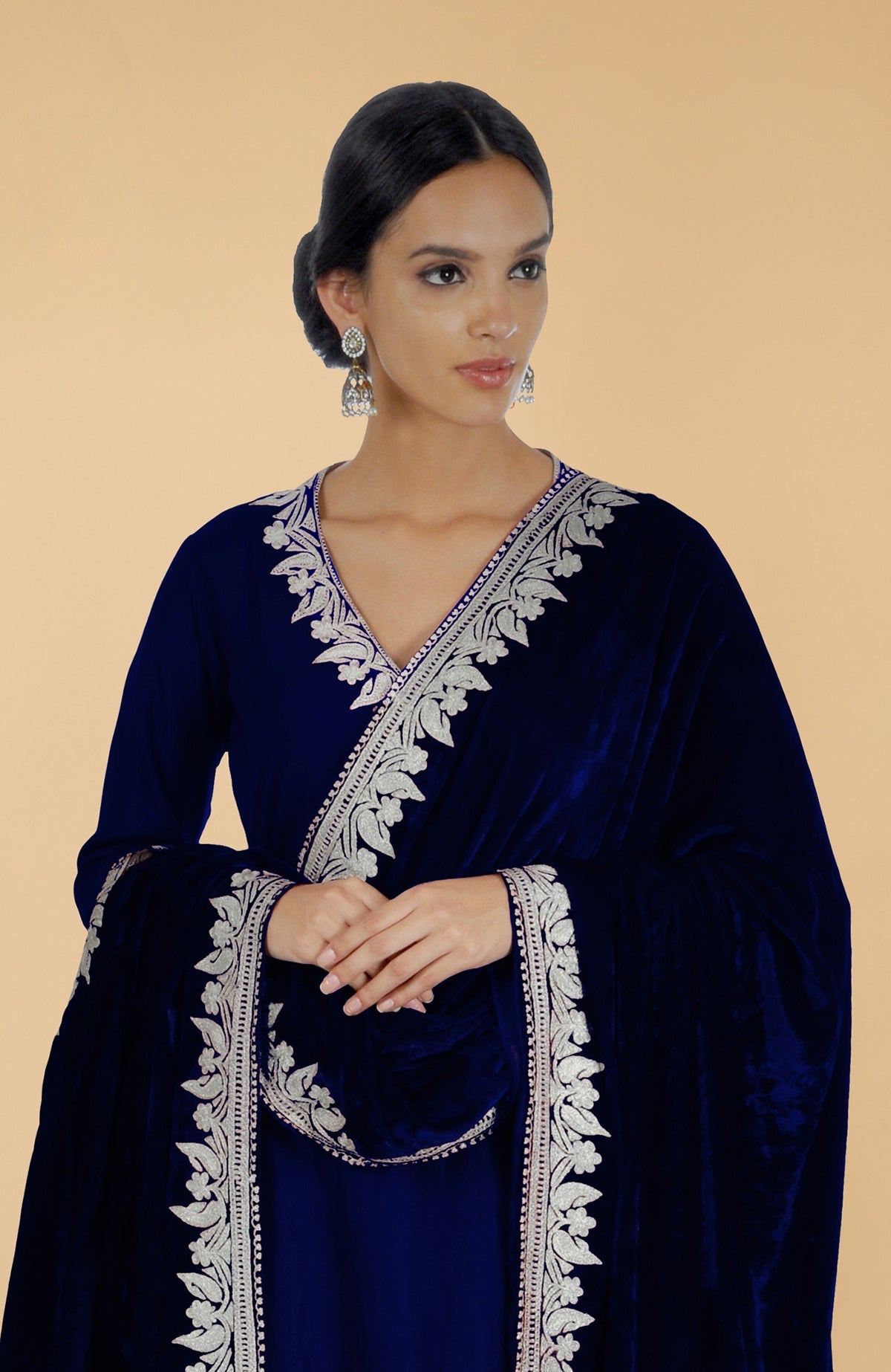 Electric blue silk kurta set with silver Kashmiri Tilla aari embroidery on shirt and dupatta