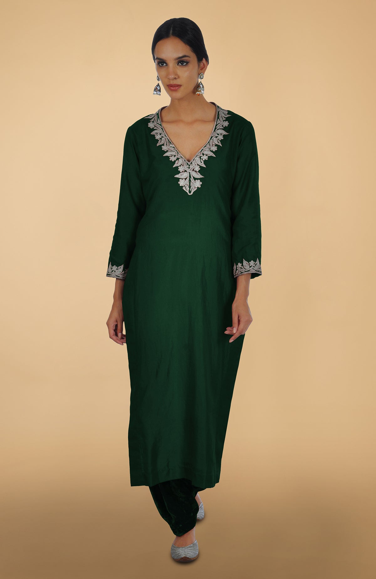 Emerald silk kurta set with silver Kashmiri Tilla Aari embroidery on shirt and dupatta