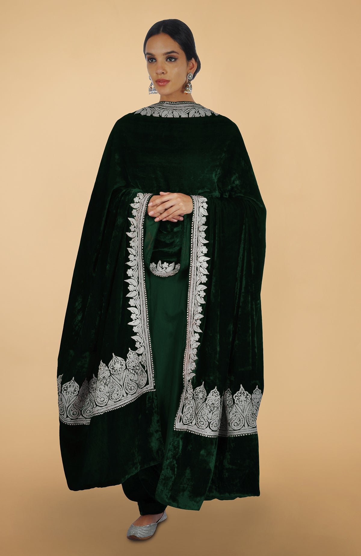 Burgundy silk kurta set with silver Kashmiri Tilla aari embroidery on lehenga, shirt, and dupatta