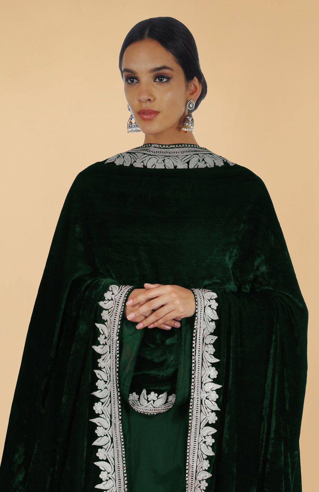 Emerald silk kurta set with Kashmiri silver Tilla aari embroidery on shirt and dupatta.