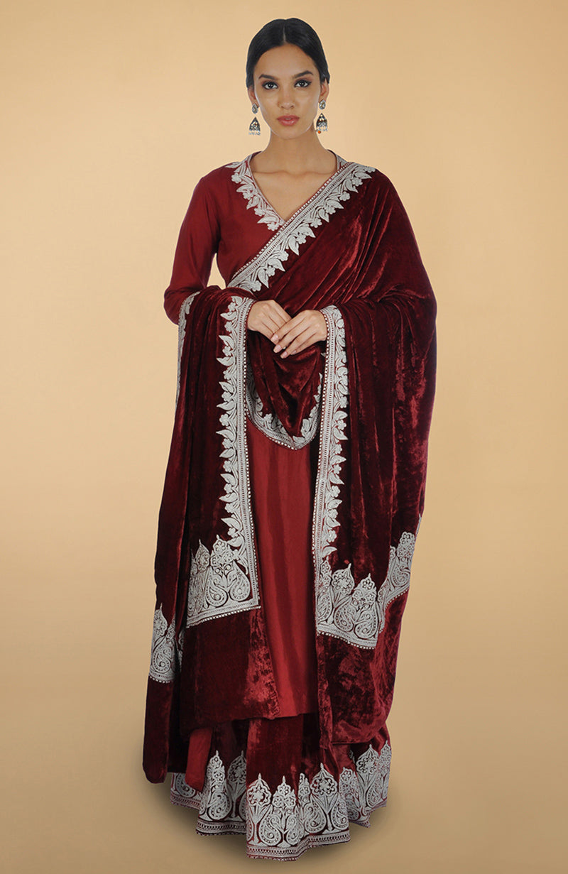 Burgundy lehenga set with Kashmiri silver Tilla aari embroidery on silk kurta and velvet skirt