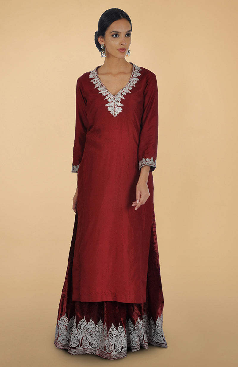 Burgundy lehenga set with Kashmiri silver Tilla aari embroidery on silk kurta and velvet skirt