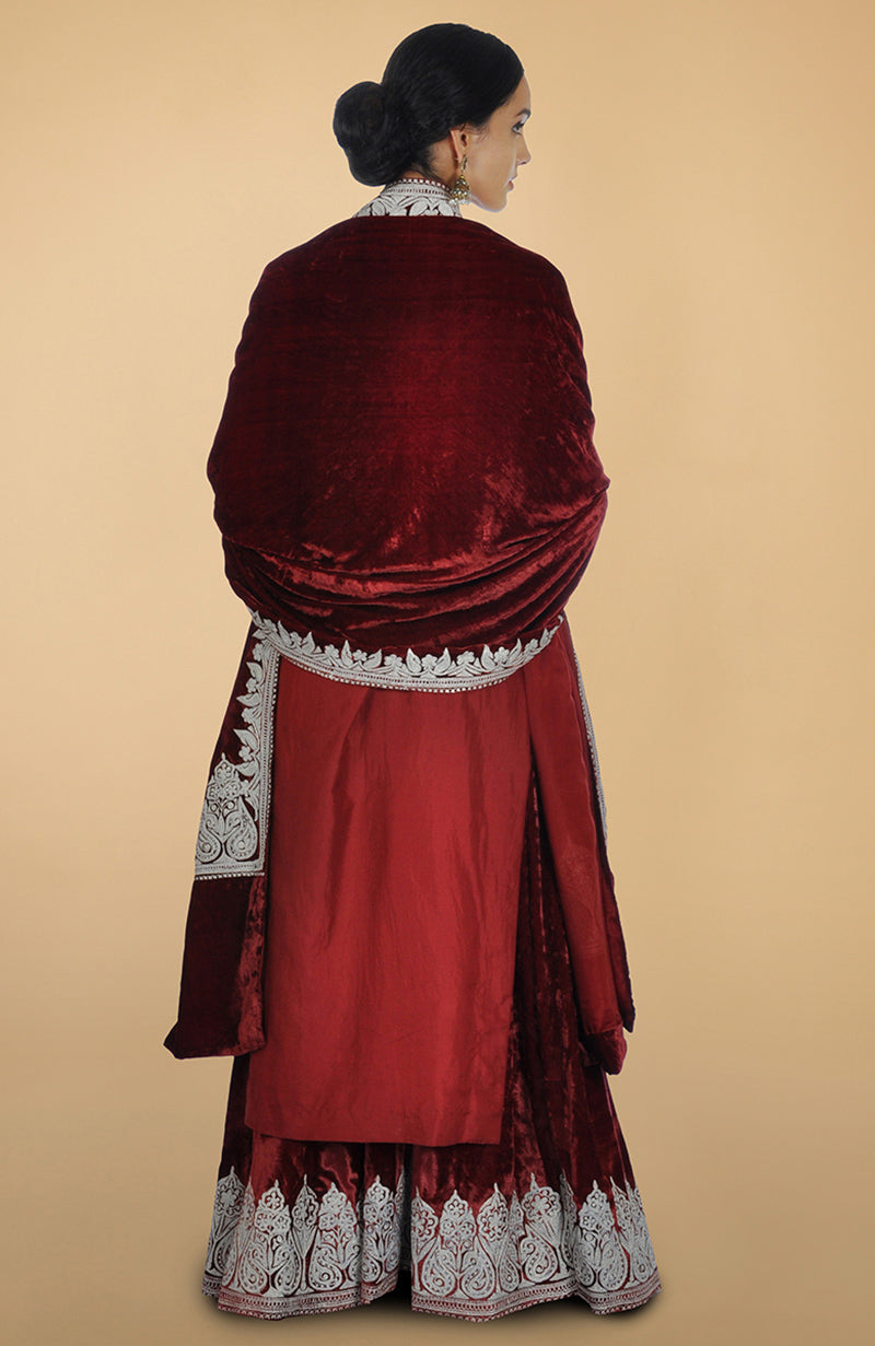 Burgundy silk lehenga set with silver Kashmiri Tilla aari embroidery on lehenga, kurta, and dupatta