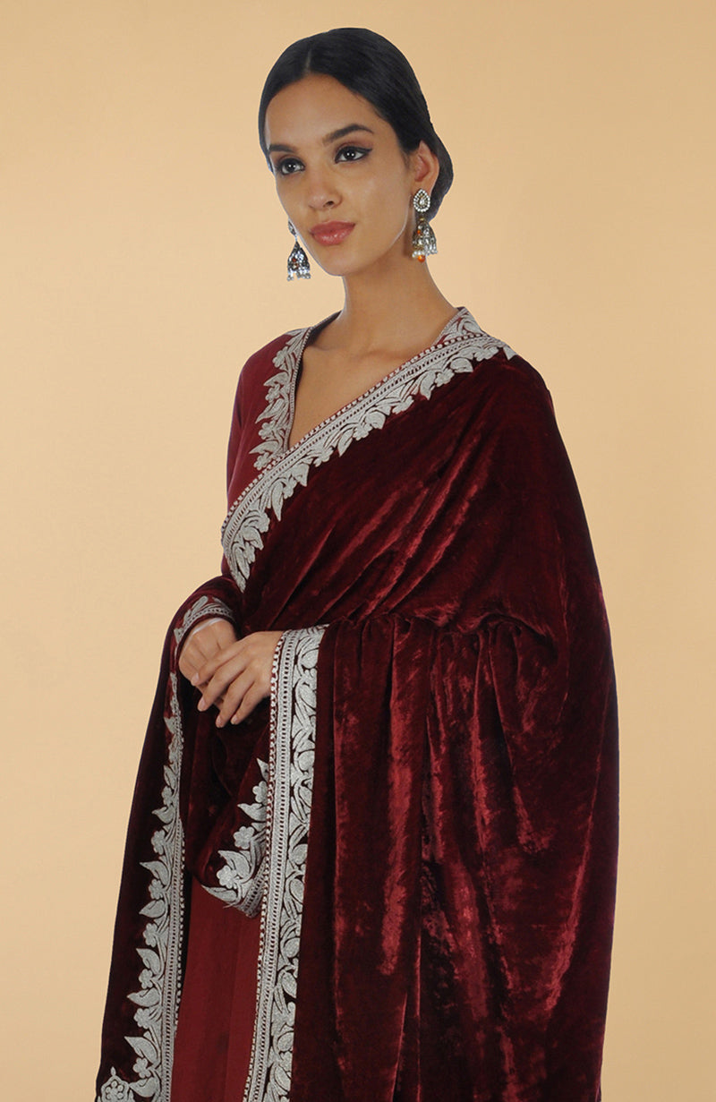 Burgundy silk lehenga set with silver Kashmiri Tilla aari embroidery on lehenga, kurta, and dupatta