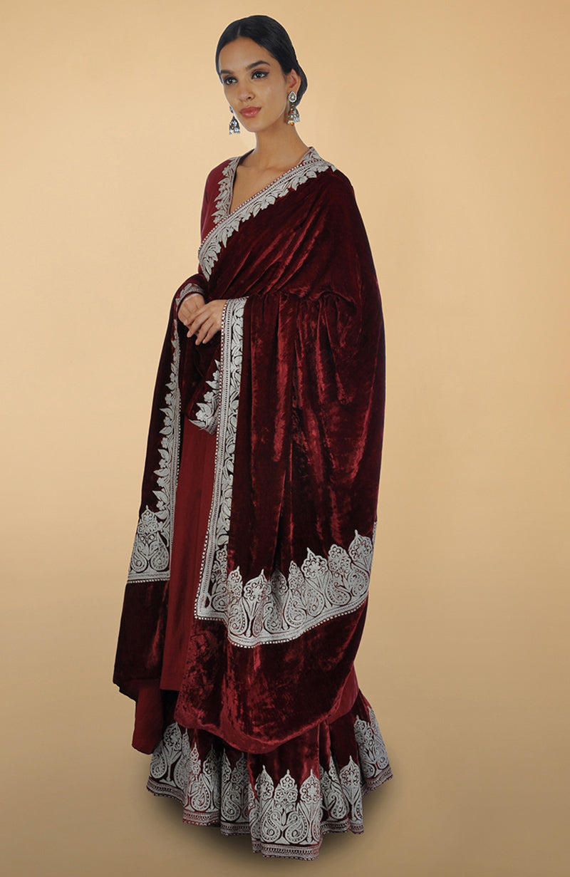 Burgundy silk lehenga set with silver Kashmiri Tilla aari embroidery on lehenga, kurta, and dupatta