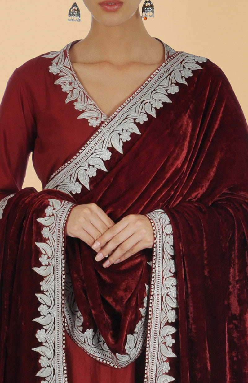 Burgundy silk lehenga set with Kashmiri silver Tilla aari embroidery on lehenga, shirt, and dupatta