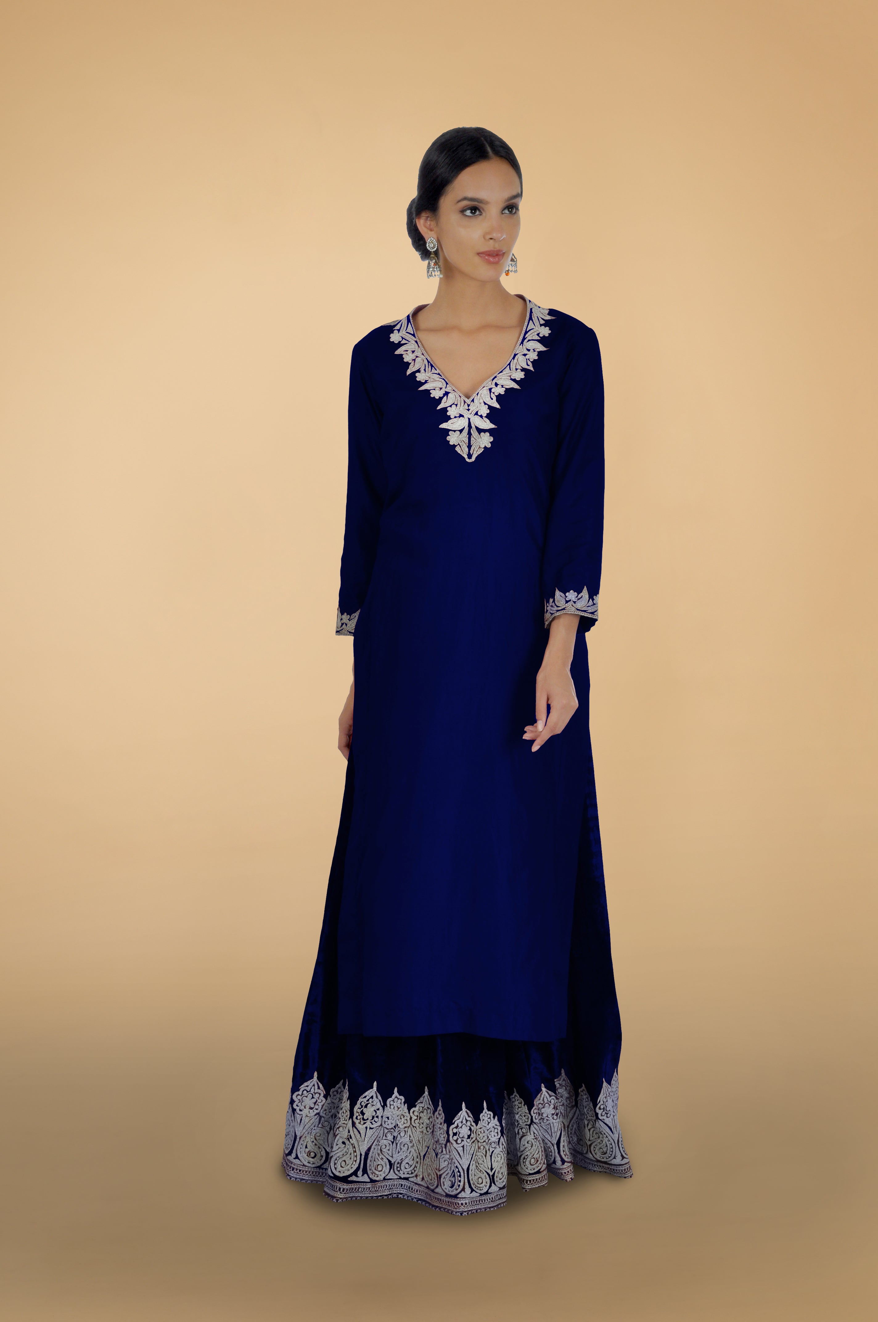 Electric blue silk velvet lehenga with silver Kashmiri Tilla aari embroidery on all pieces