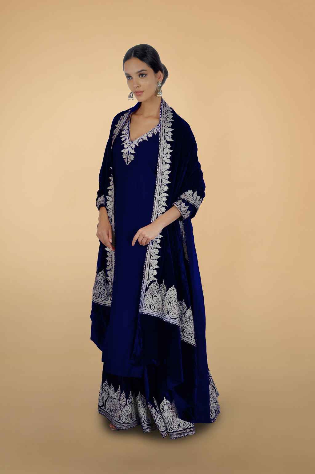 Electric blue silk velvet lehenga set with silver Kashmiri Tilla aari embroidery on all pieces