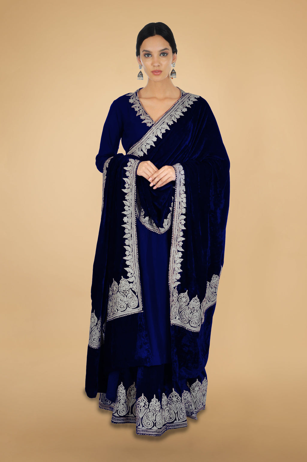 Electric blue silk velvet lehenga set with silver Kashmiri Tilla aari embroidery on all pieces