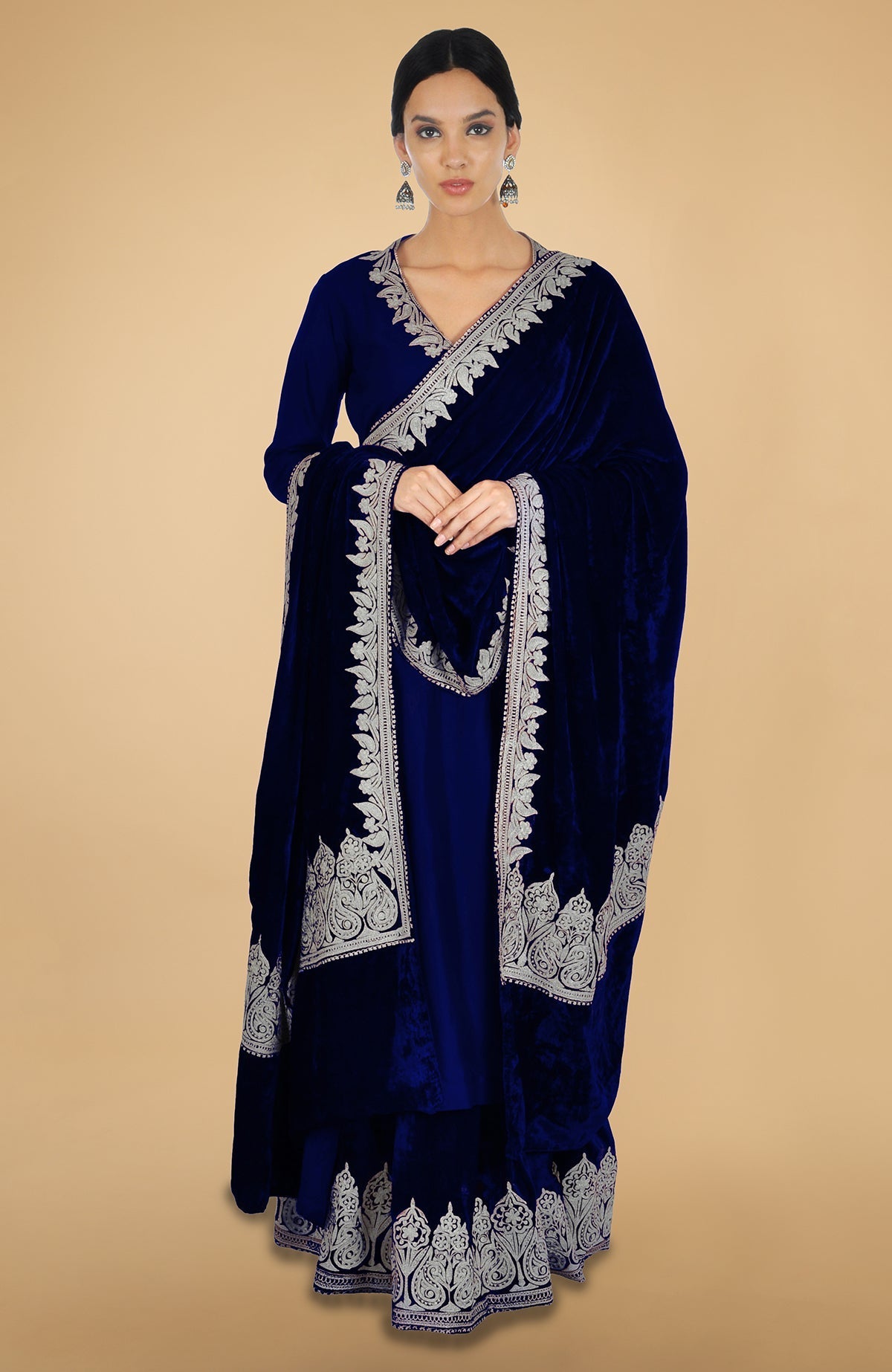 Emerald silk lehenga set with Kashmiri silver Tilla aari embroidery on lehenga, kurta, and dupatta