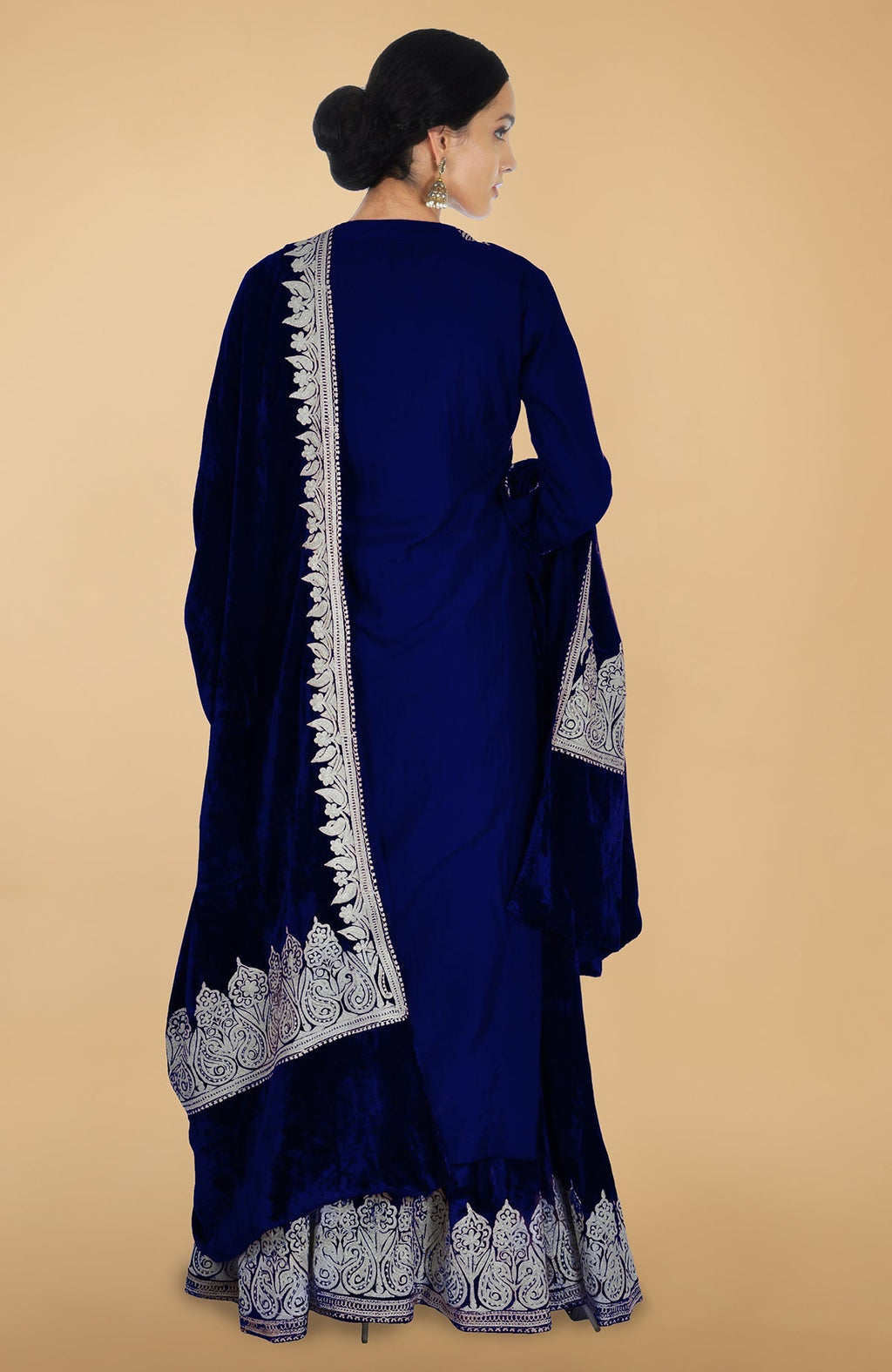 Electric blue silk velvet lehenga set with silver Kashmiri Tilla aari embroidery on all pieces