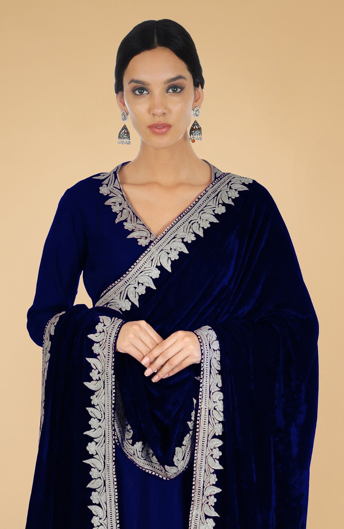 Electric blue silk velvet lehenga set with silver Kashmiri Tilla aari embroidery on all pieces
