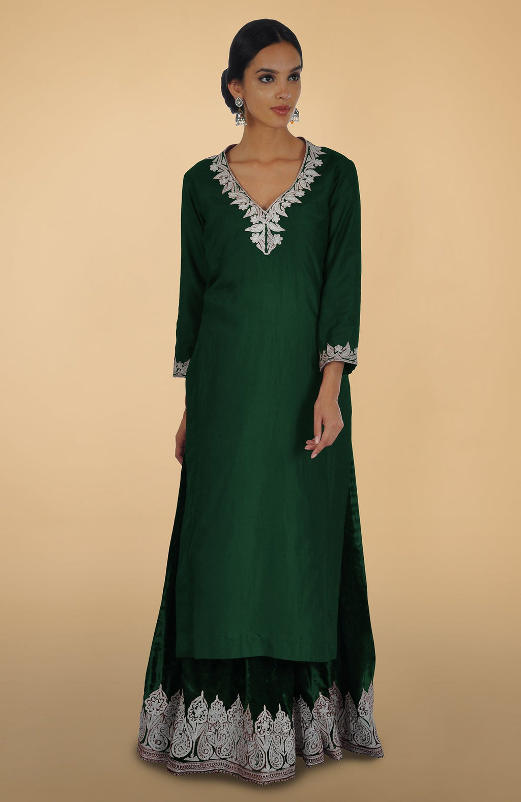 Emerald silk lehenga set with Kashmiri silver Tilla aari embroidery on lehenga, kurta, and dupatta