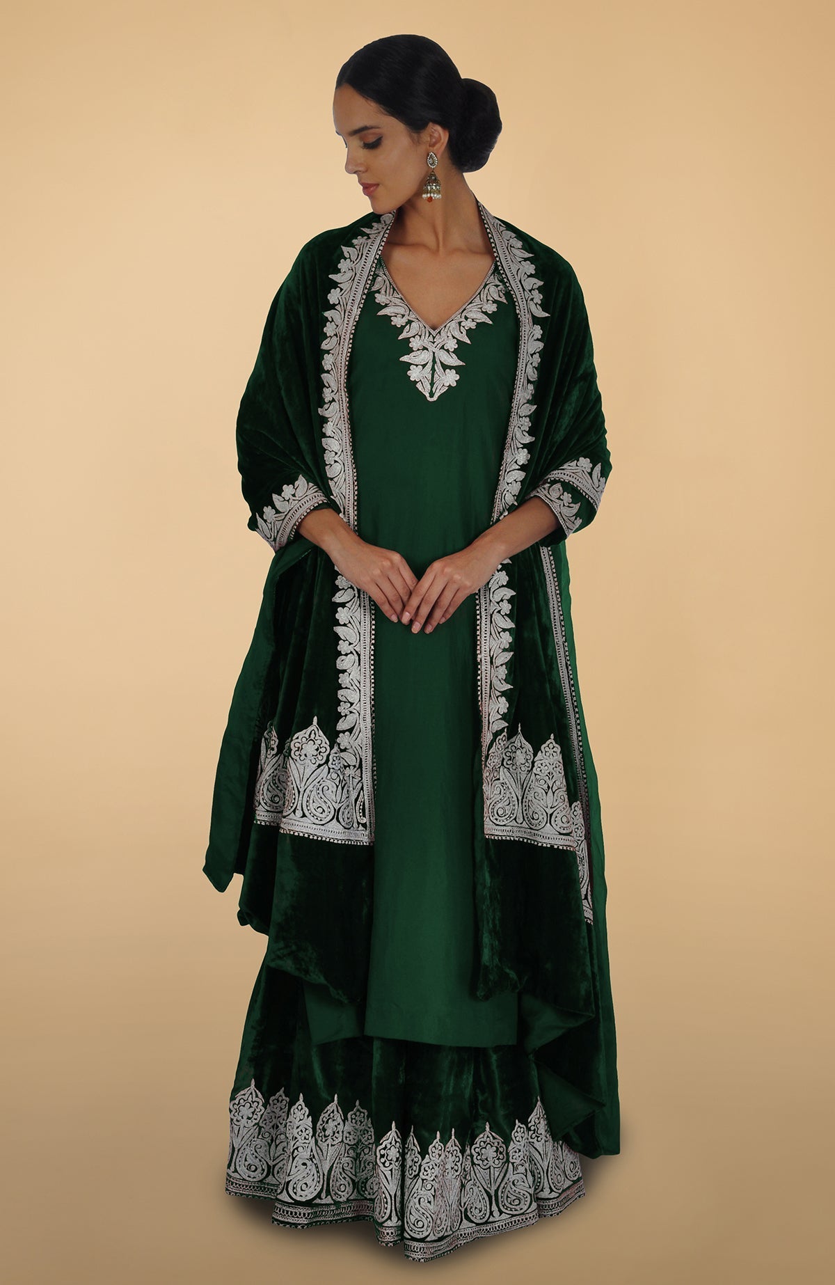 Burgundy silk lehenga set with Kashmiri silver Tilla aari embroidery on lehenga, kurta, and dupatta