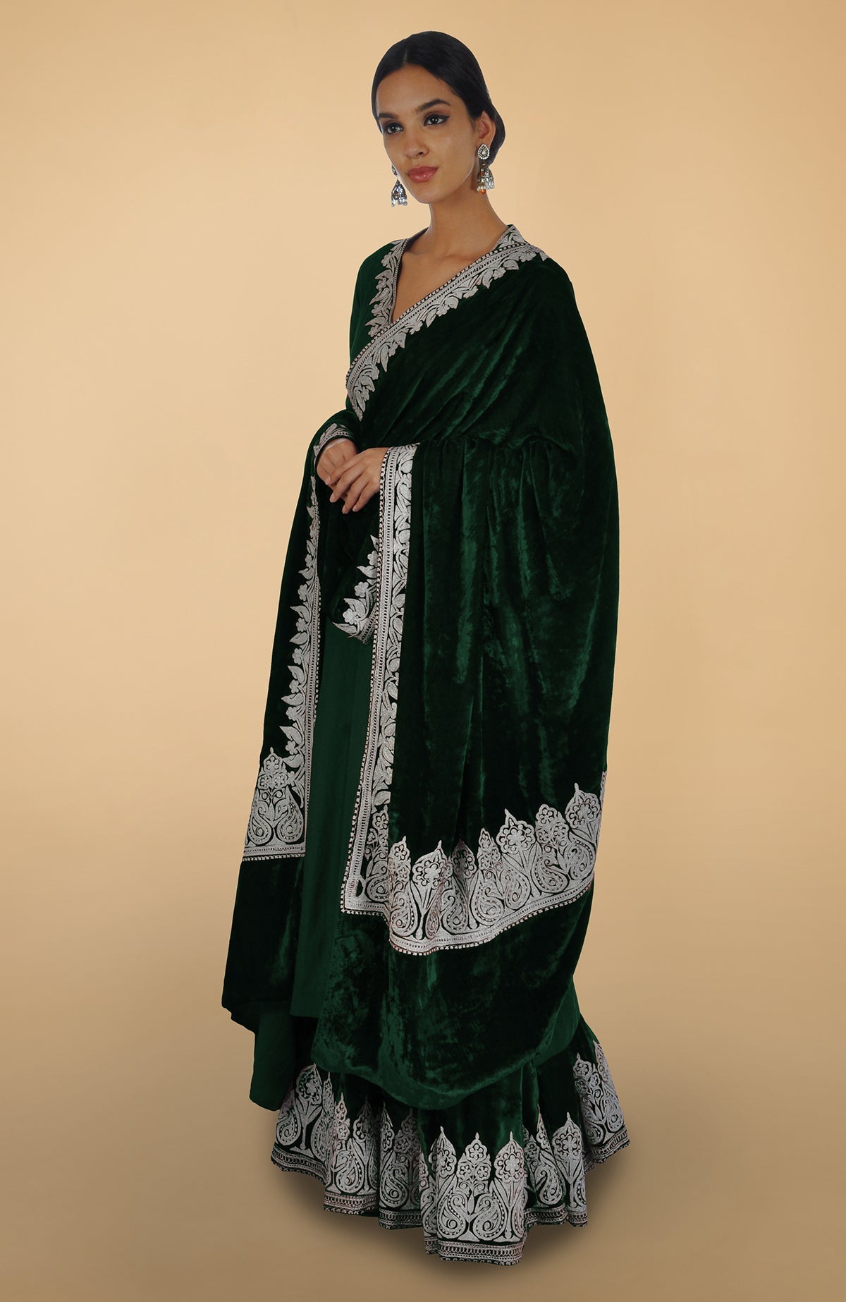 Emerald silk lehenga set with Kashmiri silver Tilla aari embroidery on lehenga, kurta, and dupatta